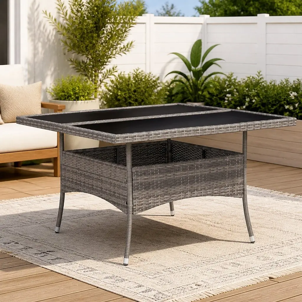 Outdoor Dining Table Grey Weather-Resistant PE Rattan Reinforced Tempered Glass 4 Seater