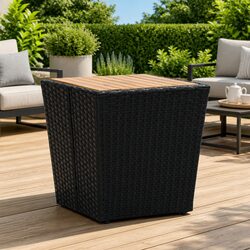 Outdoor Tea Table Black Garden Patio Furniture Rattan Steel Frame Acacia Wood