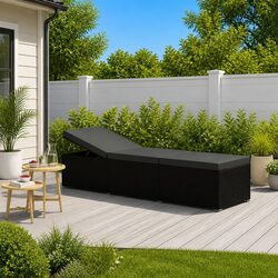 Sun Lounger with Cushion Poly Rattan Black Outdoor Patio Poolside Relaxation