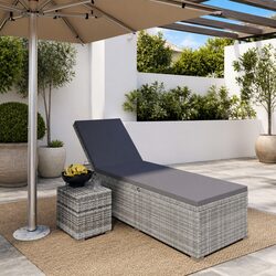 Sun Lounger with Cushion and Tea Table Poly Rattan Grey Outdoor Lounger