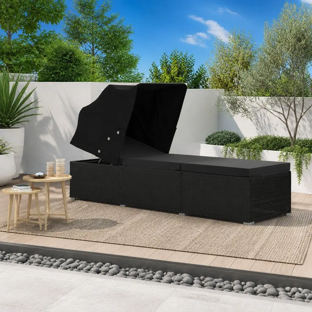 Sun Lounger Adjustable Canopy Cushion Poly Rattan Outdoor Patio Bed Black