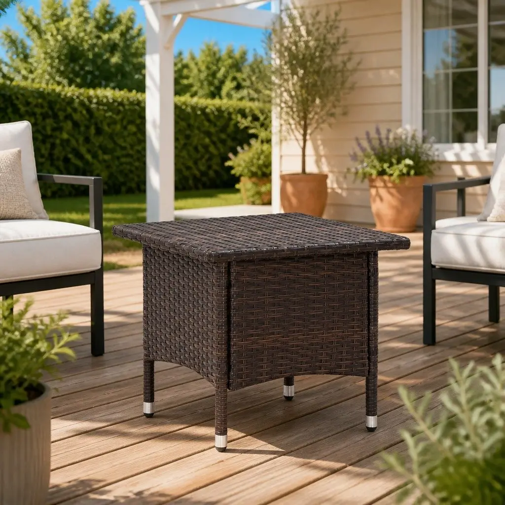 Outdoor Tea Table Weather-Resistant Poly Rattan Brown Steel Frame 50x50x47cm