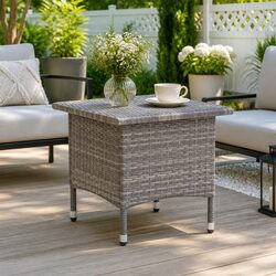 Grey Poly Rattan Tea Table Outdoor Garden Patio Coffee Side Table Steel Frame