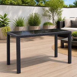 Garden Dining Table Black Outdoor Patio Furniture Glass Top Poly Rattan 123cm