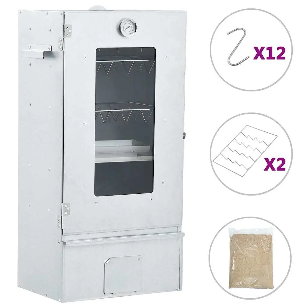 Outdoor BBQ Smoker 83cm Tall with Thermometer Window Silver Galvanised Steel