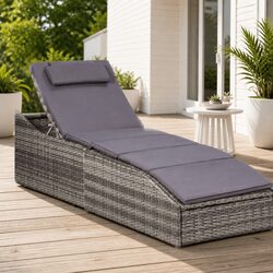 Sun Lounger with Cushion Poly Rattan Grey Outdoor Patio Relaxing Chair