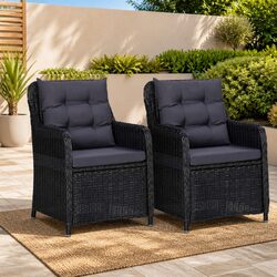 Outdoor Chairs 2 pcs Set with Cushions Hand Woven Poly Rattan Black Garden