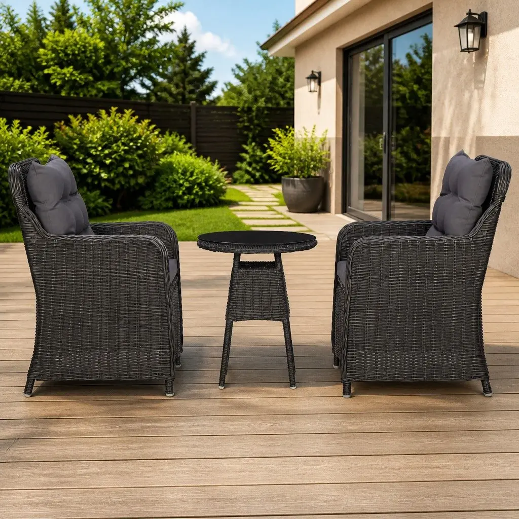 Outdoor Chairs Set with Tea Table Poly Rattan Garden Seating Black