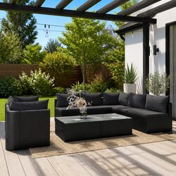 Outdoor Sectional Sofa Set 9 Piece Patio Lounge Black Poly Rattan Modular Garden