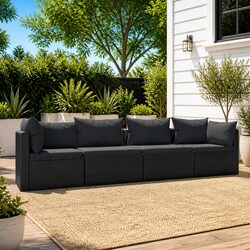 Outdoor Sectional Sofa Set 4 Piece Garden Furniture Poly Rattan Black Cushions