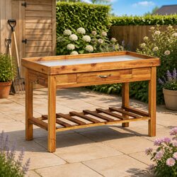 Garden Work Bench Solid Acacia Wood Zinc Top Potting Table Storage Shelf