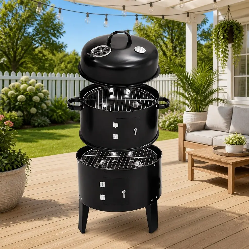 3-in-1 Charcoal Smoker BBQ Grill Outdoor Cooking 40x80cm Black Portable
