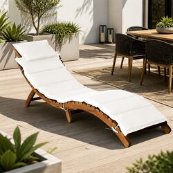 Sun Lounger Solid Acacia Wood Folding Garden Outdoor Patio Relaxer Cream Cushion