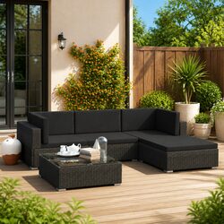 5 Piece Garden Lounge Set Outdoor Patio Sofa with Cushions Poly Rattan Black
