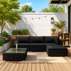 5 Piece Outdoor Garden Lounge Set with Cushions Poly Rattan Patio Furniture