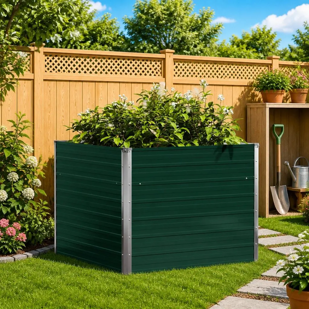 Raised Garden Bed Galvanised Steel Open Bottom 100x100x77 cm Green