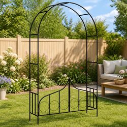 Garden Arch with Gate Black Outdoor Arbour Wedding Decorative Climbing Plants