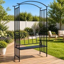 Garden Arch with Bench Black Outdoor Arbour Climbing Plants Patio Pergola