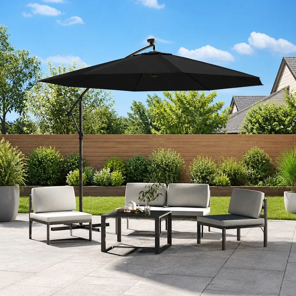 Cantilever Garden Parasol 300cm UV Protective with LED Lights Steel Pole Black