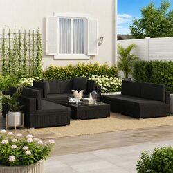Garden Lounge Sofa Set 7 Piece Black Outdoor Furniture Rattan Patio Seating