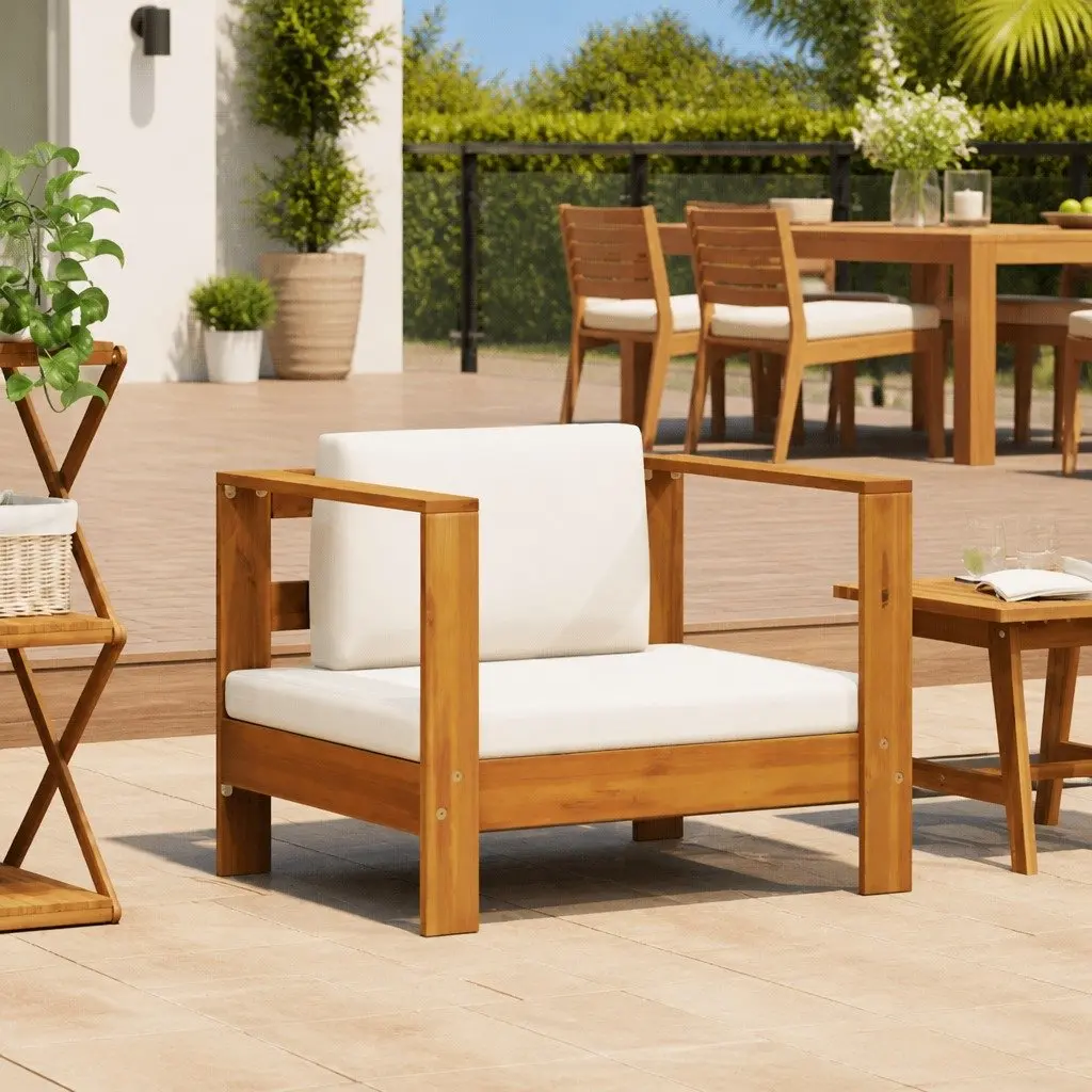 Outdoor Garden Sofa Chair Armrest Solid Acacia Wood Lounge Padded Cushion Brown