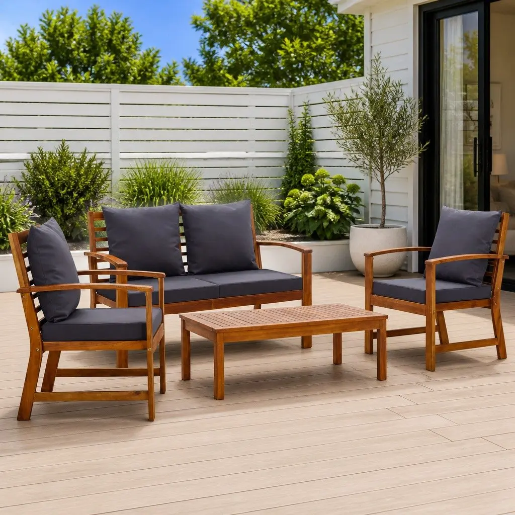 Outdoor Lounge Set 4 Piece Garden Furniture with Cushions Solid Acacia Wood Grey