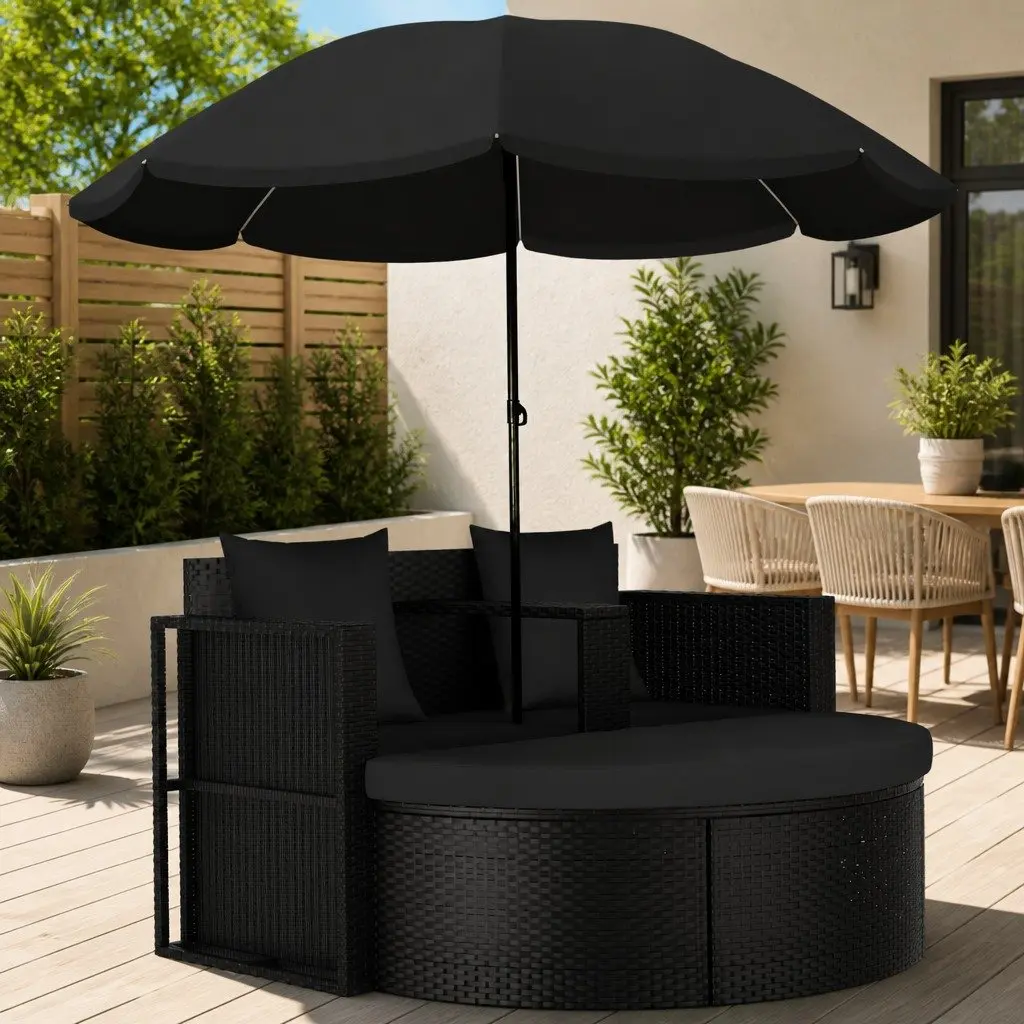 Outdoor Rattan Lounge Bed with Parasol Garden Furniture Set Black