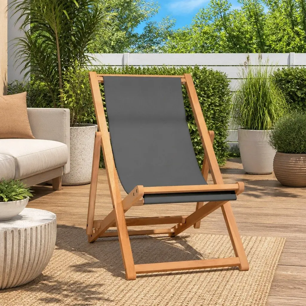 Folding Beach Chair Teak Wood Adjustable Grey Outdoor Garden Lounge Seat