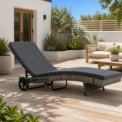 Sun Lounger with Wheels Cushion Adjustable Backrest Garden Patio Chaise Longue