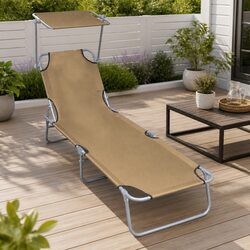 Sun Lounger with Canopy Outdoor Folding Adjustable Backrest Taupe Garden Patio