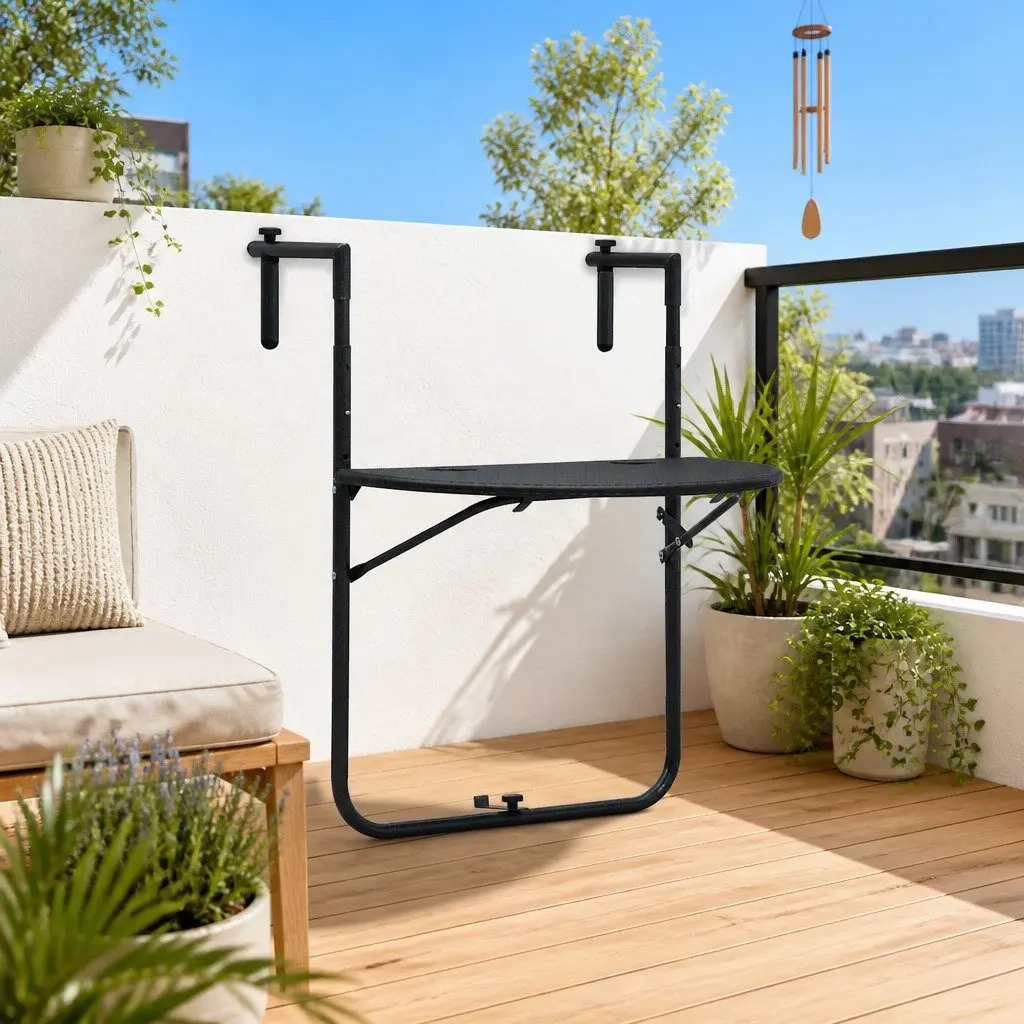 Hanging Balcony Table Foldable Weather Resistant Plastic Top Steel Frame Rattan Look Brown