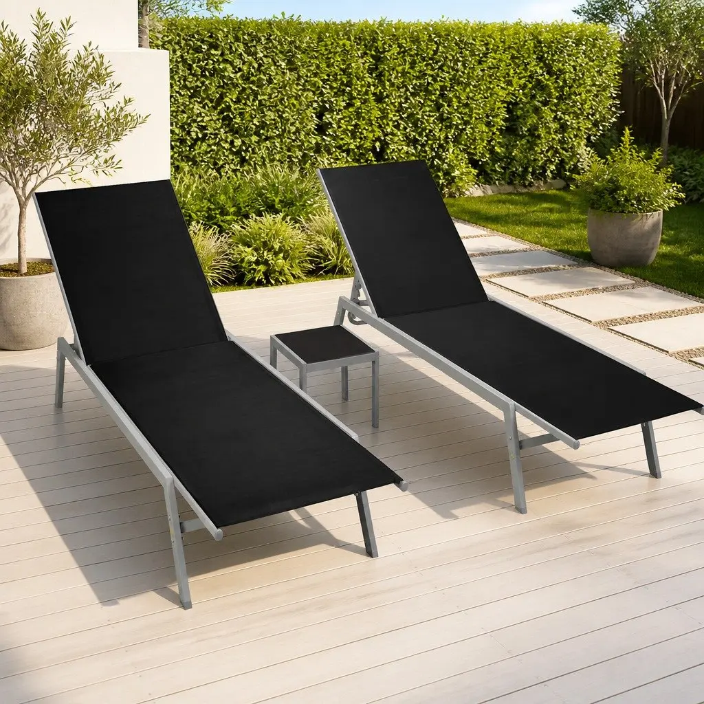 Sun Loungers Set 2 pcs Steel Frame Textilene Black Garden Outdoor Furniture