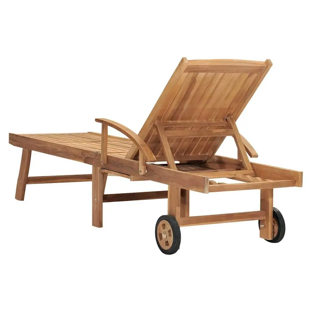 Sun Lounger Teak Wood Adjustable Backrest Brown Outdoor Garden Daybed with Wheels