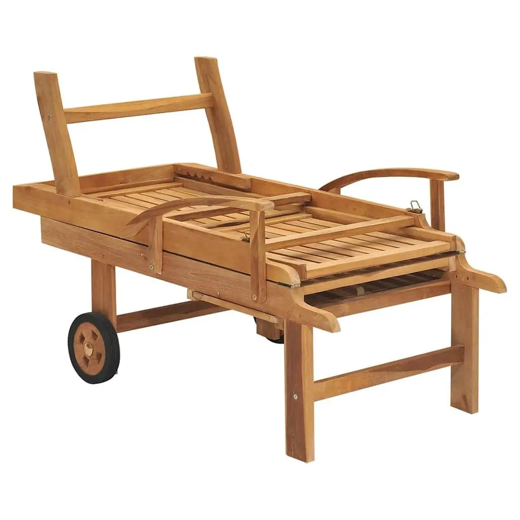 Sun Lounger Teak Wood Adjustable Backrest Brown Outdoor Garden Daybed with Wheels