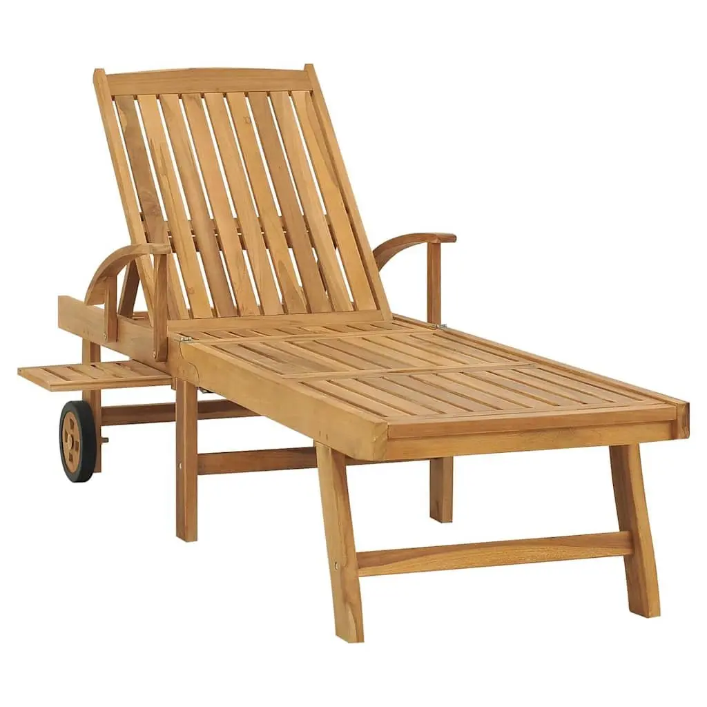 Sun Lounger Adjustable Backrest Wheels Solid Teak Wood Outdoor Garden Furniture Brown