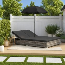 Outdoor Lounge Bed for 2 People with Umbrella Sun Lounger Rattan Grey