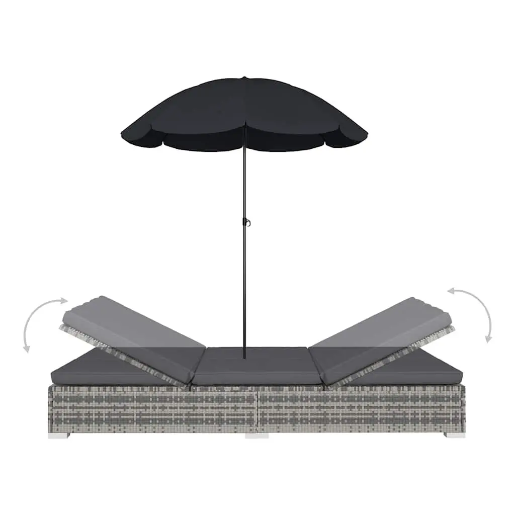 Outdoor Lounge Bed Sun Lounger for 2 People Adjustable 7 Positions Grey Rattan with Umbrella