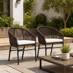 Outdoor Chairs 2 Piece Set Brown Rattan Garden Seating with Cushions Patio