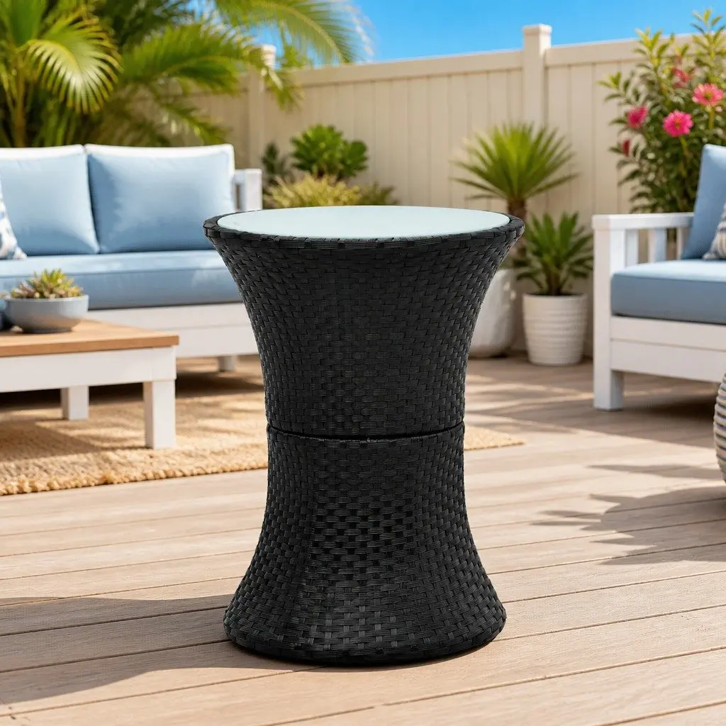 Drum Shape Garden Side Table Outdoor Rattan Black Easy Assembly