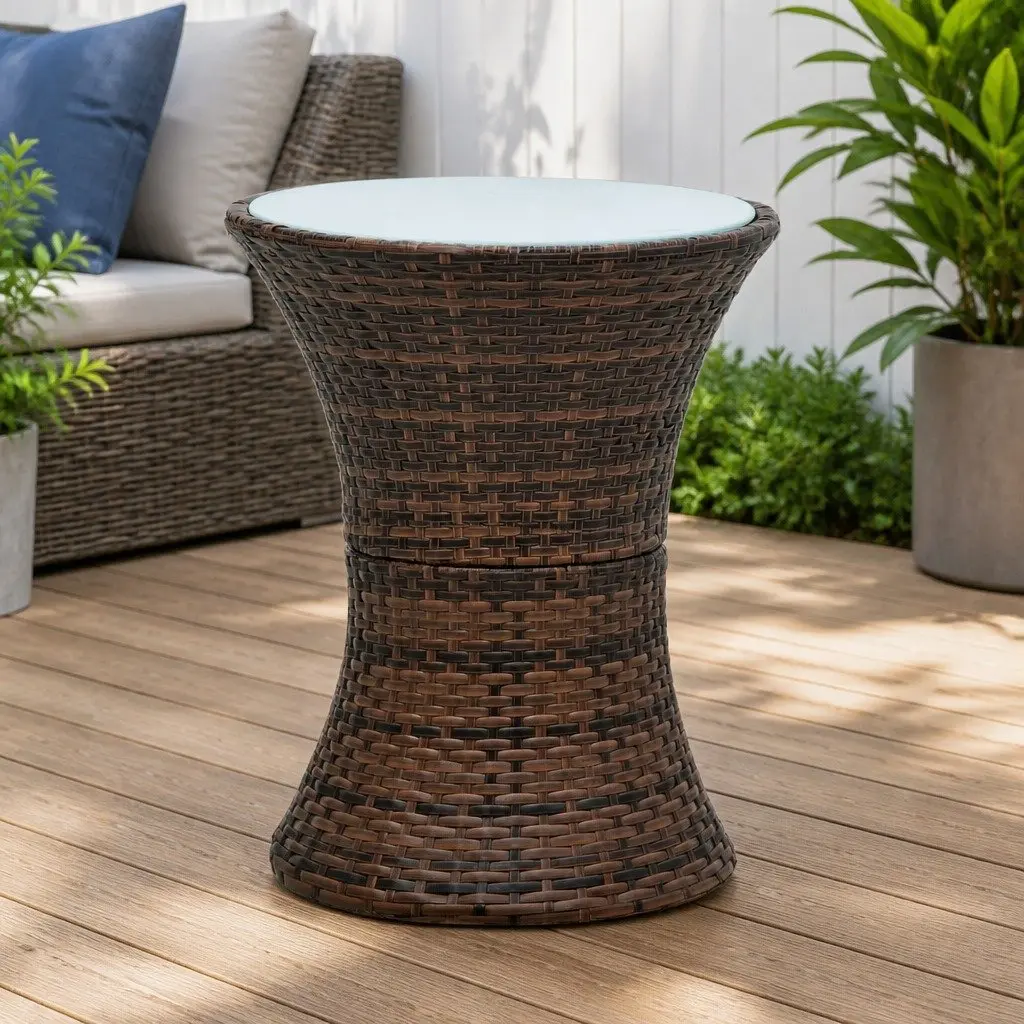 Drum Shape Garden Side Table Outdoor Furniture Brown Poly Rattan Weather Resistant