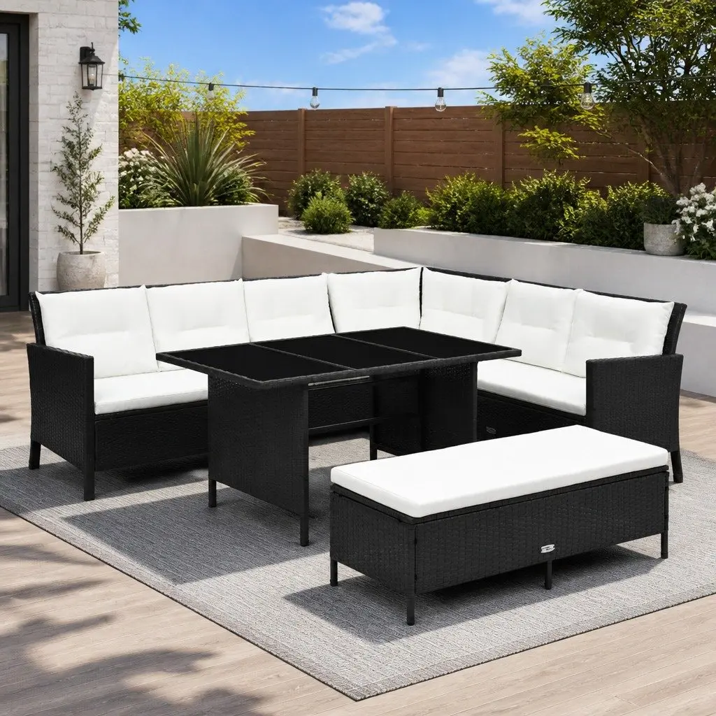Outdoor Lounge Set 3 Piece Weather-Resistant PE Rattan Black Patio Sofa Bench Table