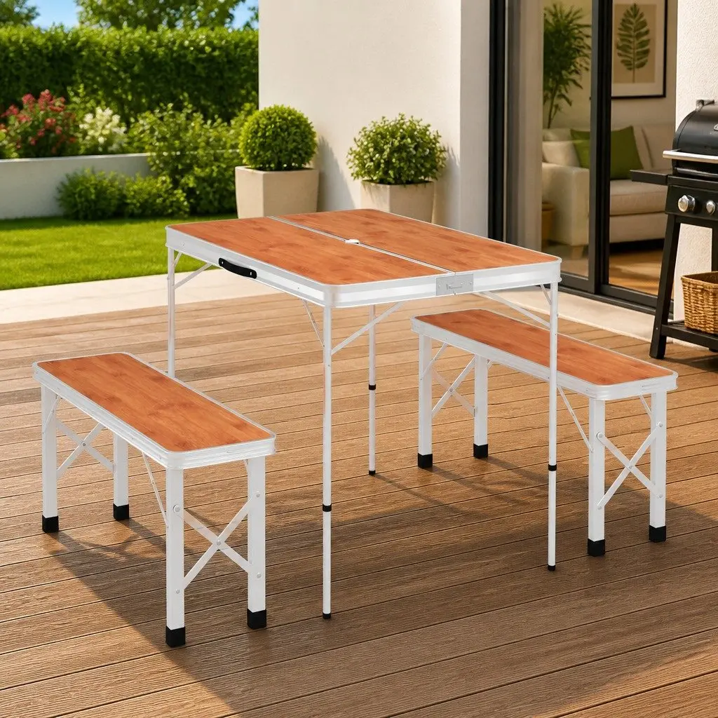 Folding Camping Table Set with 2 Benches Compact Suitcase Design Outdoor Picnic
