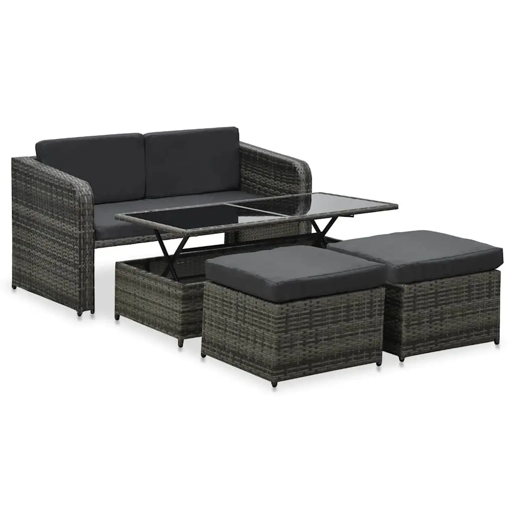Garden Lounge Set 4 Piece Poly Rattan Sofa Coffee Table Stools Cushions Anthracite