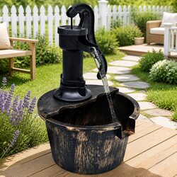 Garden Water Fountain Barrel with Pump Brown Outdoor Patio Decor Rustic
