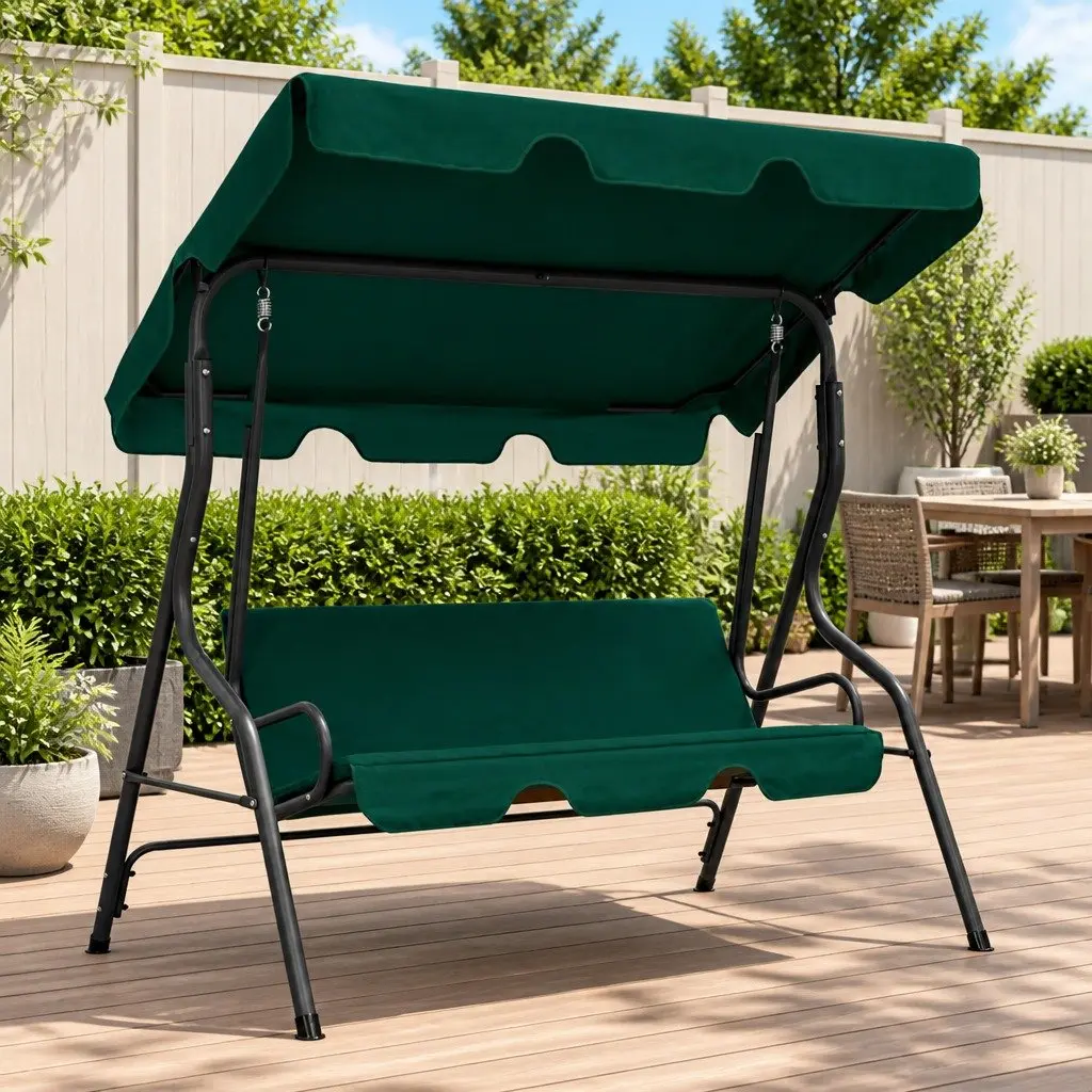 Garden Swing Bench with Canopy Powder-Coated Steel Frame Water-Resistant Polyester Fabric Green