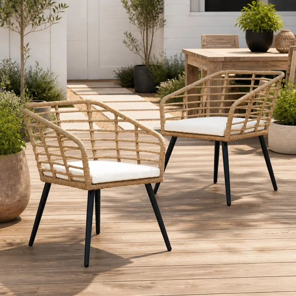 Outdoor Chairs 2 pcs Poly Rattan Brown Patio Seating with Cushions Garden Bistro