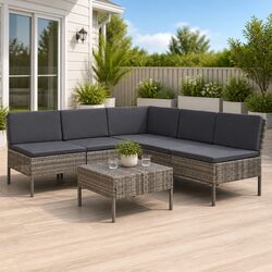 6 Piece Outdoor Lounge Set Modular Garden Patio Furniture Grey Rattan Cushions