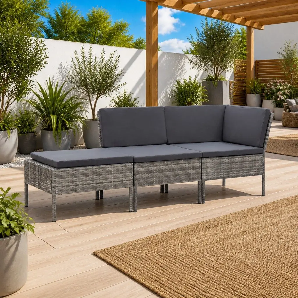 3 Piece Garden Lounge Set Outdoor Modular Sofa with Cushions Grey Rattan