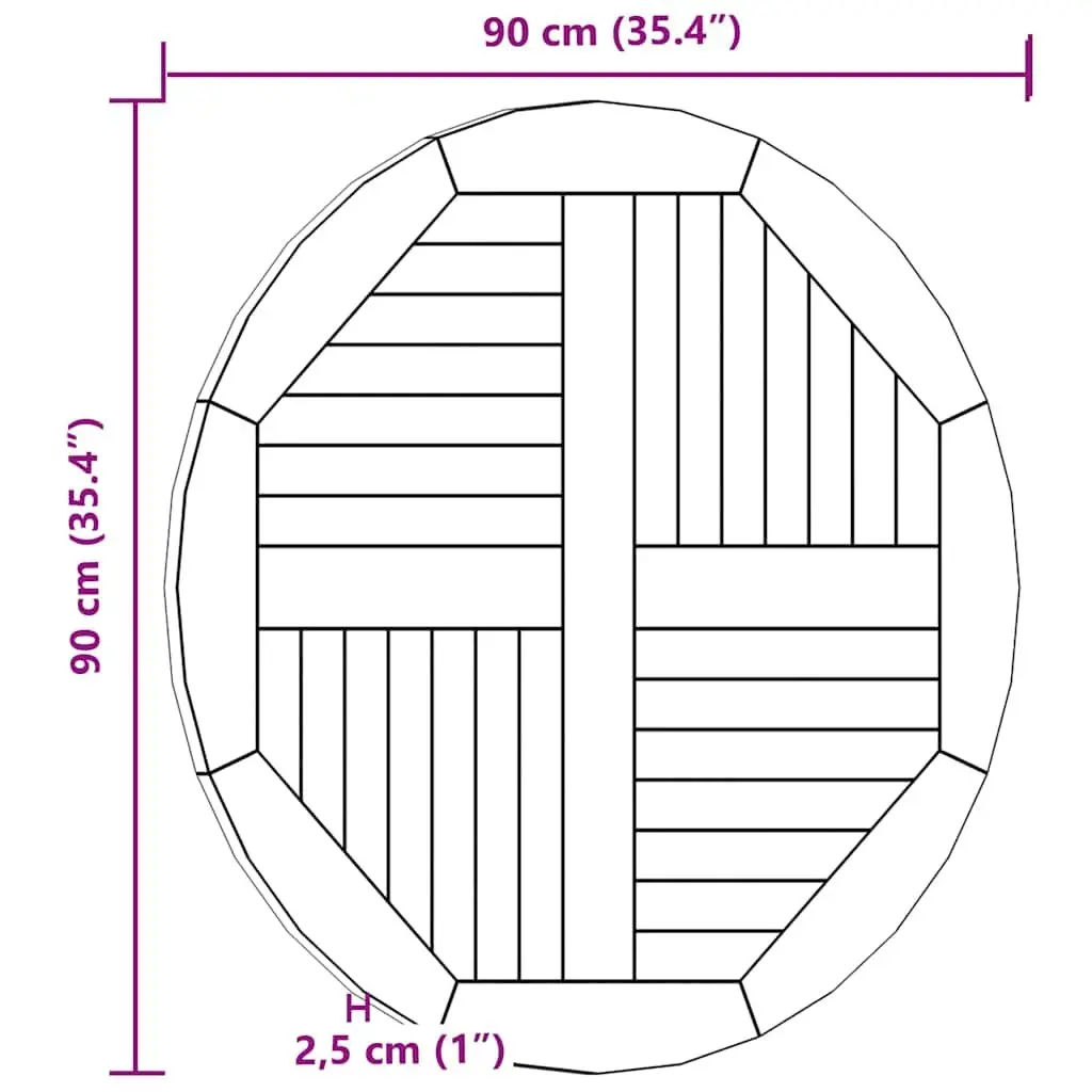 Round Solid Teak Wood Table Top 90cm Diameter 2.5cm Thick Brown
