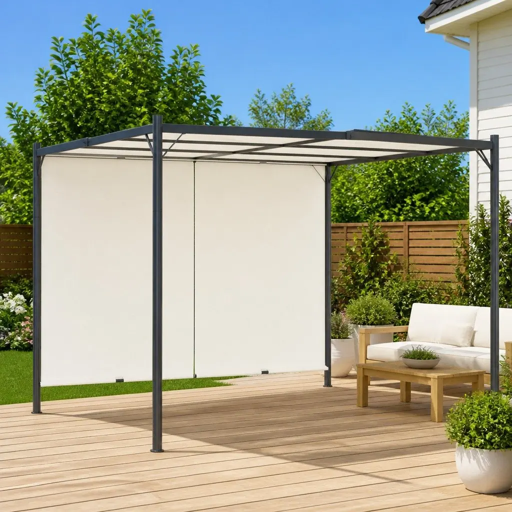 Garden Pergola Adjustable Retractable Roof 3x3m Steel Frame White Polyester Fabric